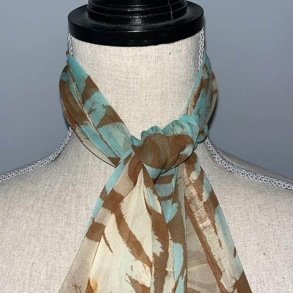 Made in Japan Vintage Scarf Teal and Brown and Cream.  Hand rolled silk - Picture 3 of 5